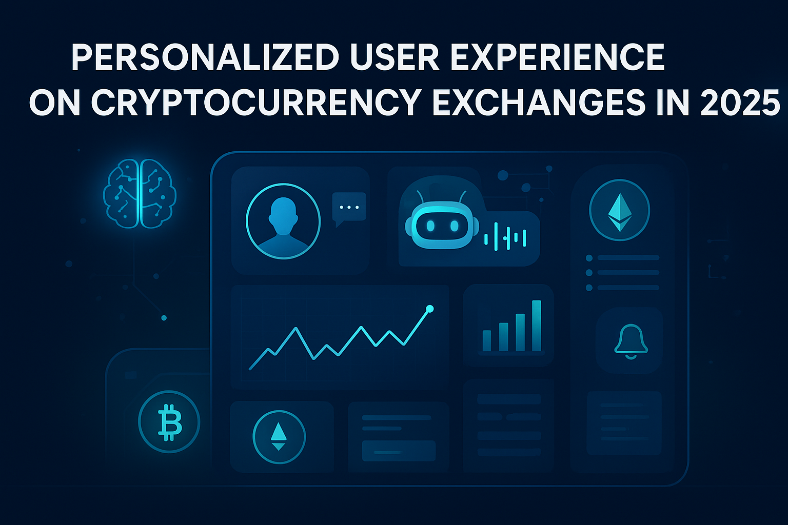 Futuristic dashboard showing personalized cryptocurrency exchange features with AI-powered insights and trading charts.