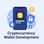 Flat-style digital illustration of cryptocurrency wallet development showing a smartphone with a Bitcoin symbol, Ethereum icons, and a security shield.