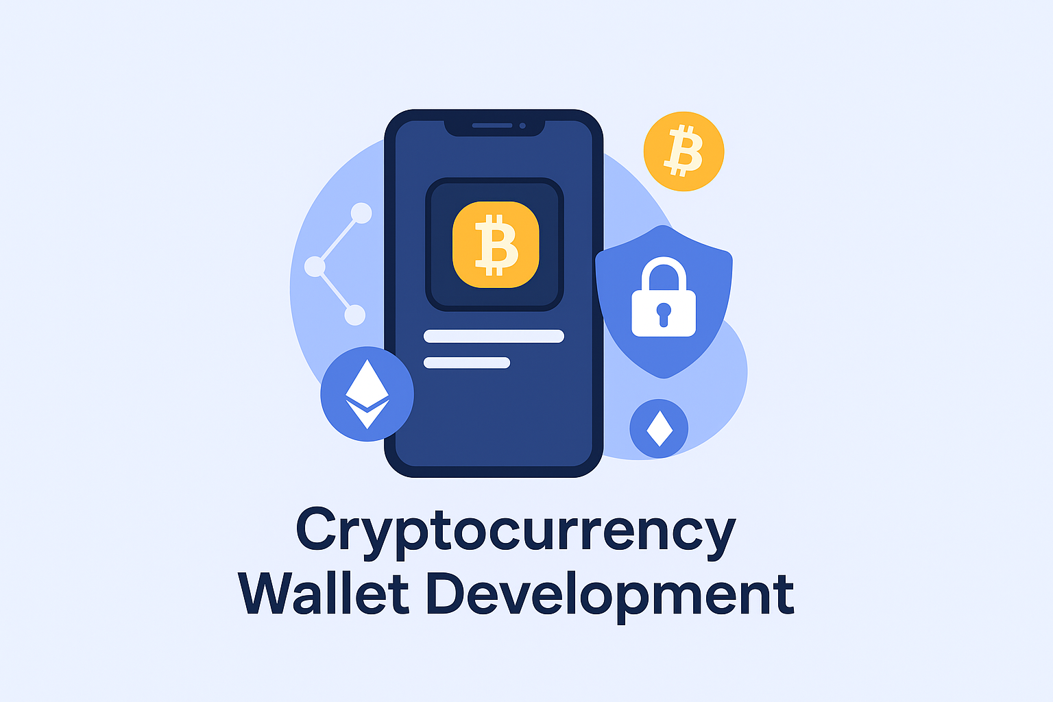 Flat-style digital illustration of cryptocurrency wallet development showing a smartphone with a Bitcoin symbol, Ethereum icons, and a security shield.