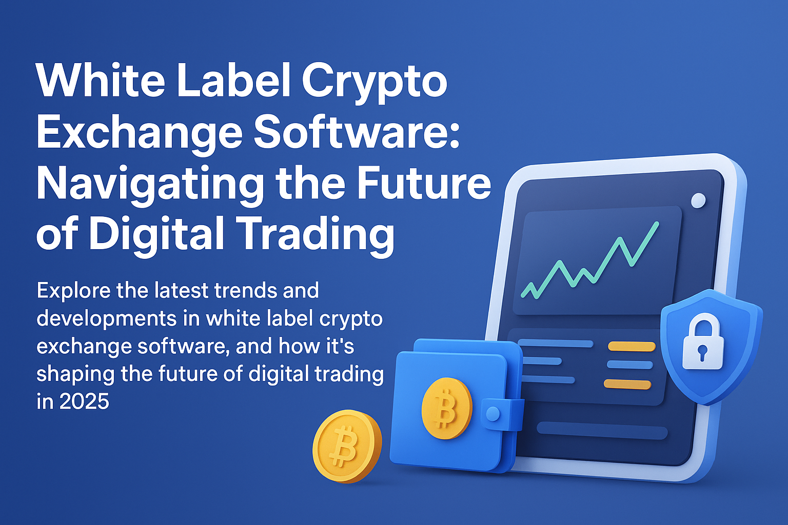 3D illustration of a white label crypto exchange software dashboard showing trading charts, wallet integration, and AI-driven security features.