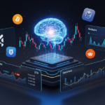 Futuristic illustration of AI technology transforming cryptocurrency exchanges with trading bots, blockchain visuals, and digital assets.